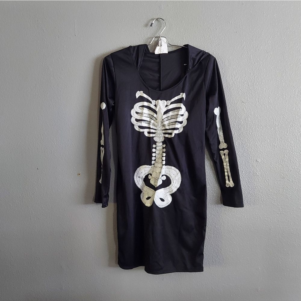 Spirit Halloween Sexy Skeleton Hooded Black Mini Dress Size M Costume Glitter